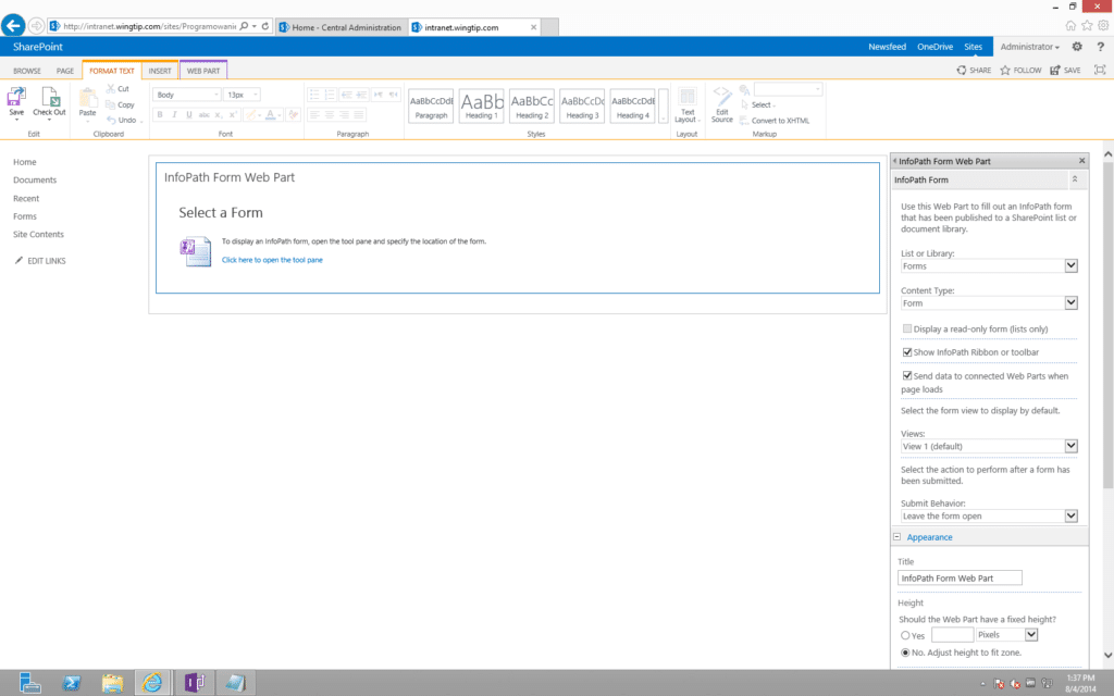 InfoPath Form Web Part